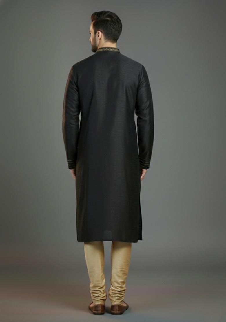 Black Embroidered Silk Kurta Set For Men - Indya