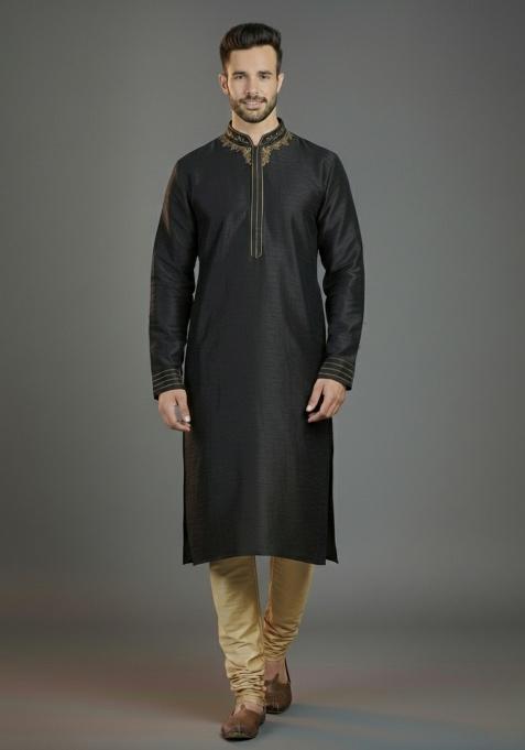 Black Embroidered Silk Kurta Set For Men