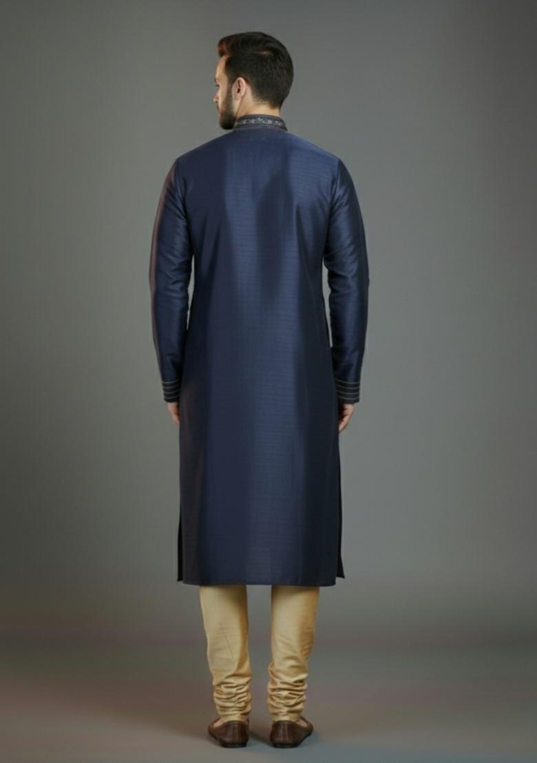Navy Blue Embroidered Silk Kurta Set For Men - Indya