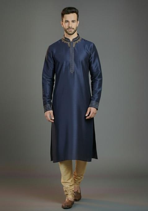Navy Blue Embroidered Silk Kurta Set For Men