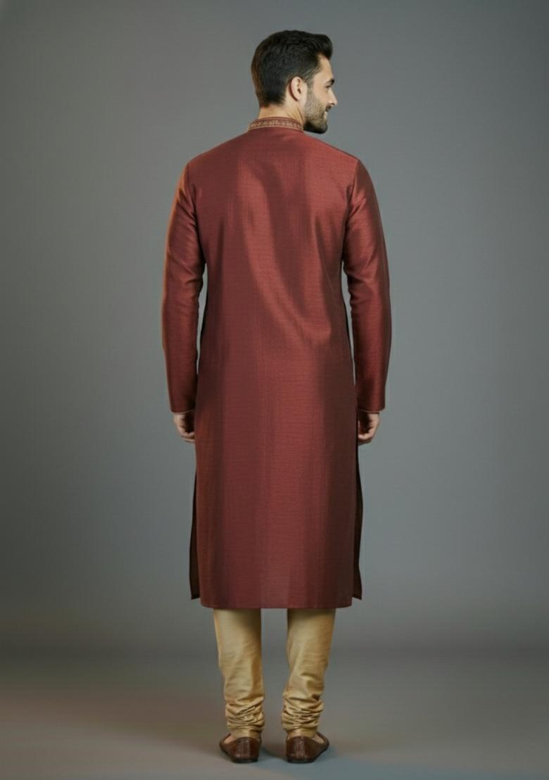 Maroon Embroidered Silk Kurta Set For Men - Indya