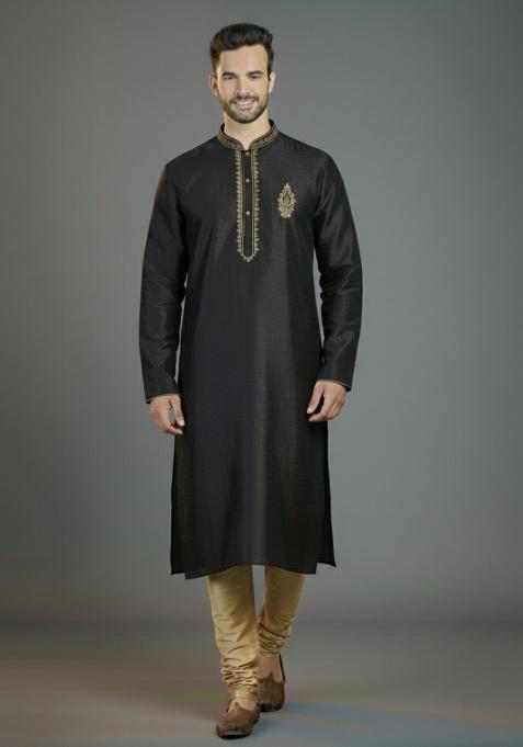Black Embroidered Silk Kurta Set For Men