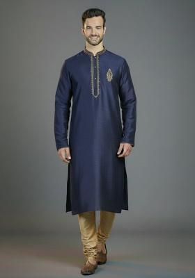 Navy Blue Embroidered Silk Kurta Set For Men