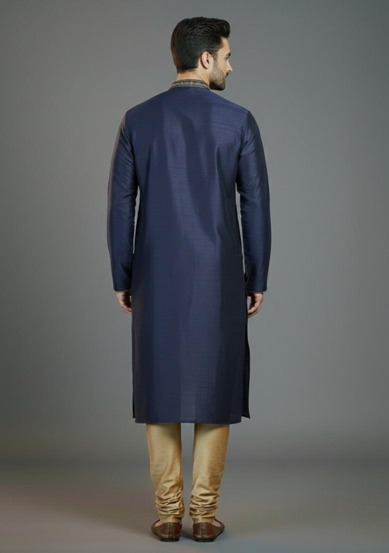 Navy Blue Embroidered Silk Kurta Set For Men - Indya