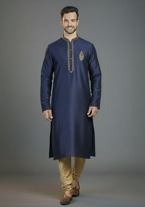 Navy Blue Embroidered Silk Kurta Set For Men