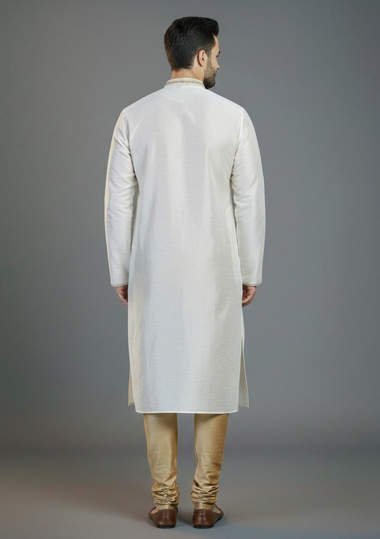 White Embroidered Silk Kurta Set For Men - Indya
