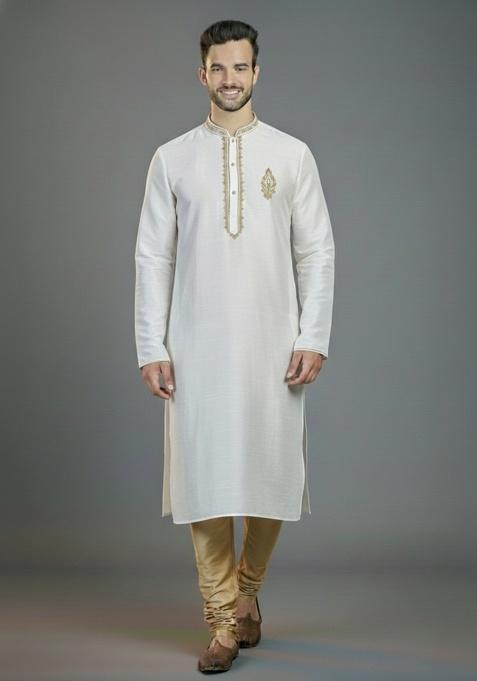 White Embroidered Silk Kurta Set For Men