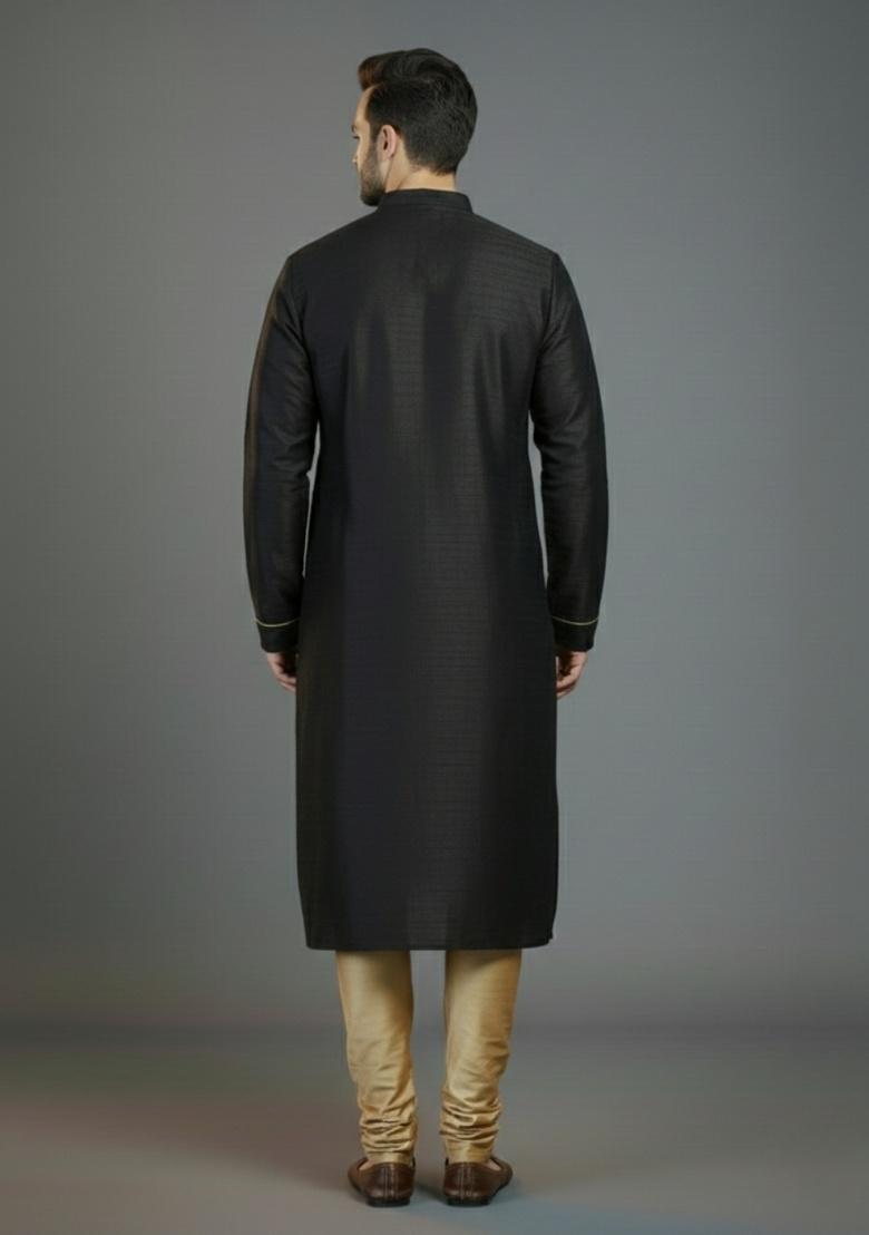 Black Embroidered Silk Kurta Set For Men - Indya