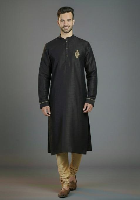 Black Embroidered Silk Kurta Set For Men