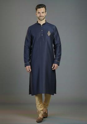 Navy Blue Embroidered Silk Kurta Set For Men