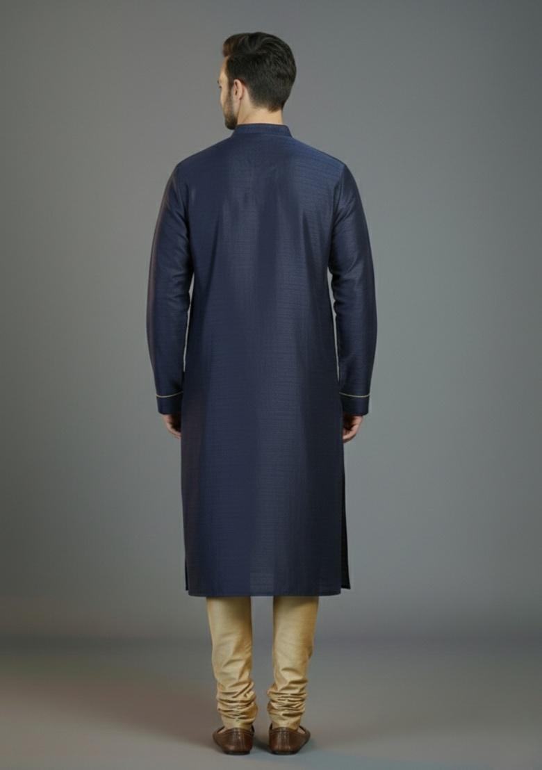 Navy Blue Embroidered Silk Kurta Set For Men - Indya