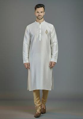 White Embroidered Silk Blend Kurta Set For Men