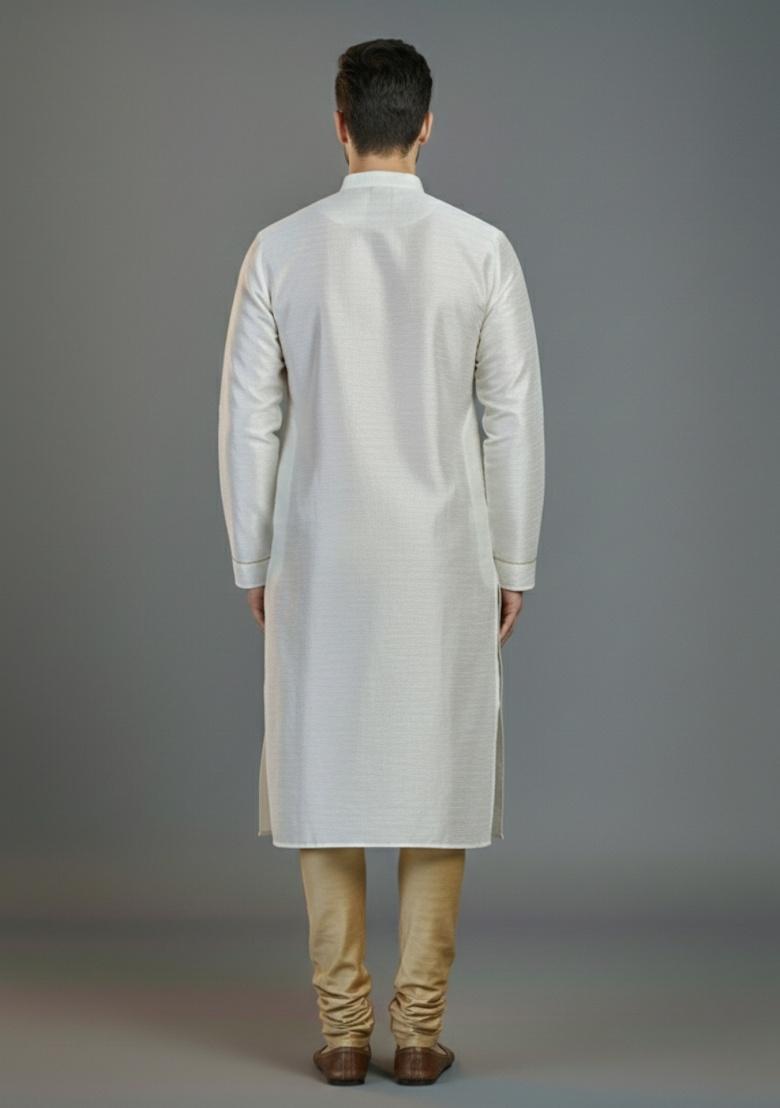 White Embroidered Silk Kurta Set For Men - Indya