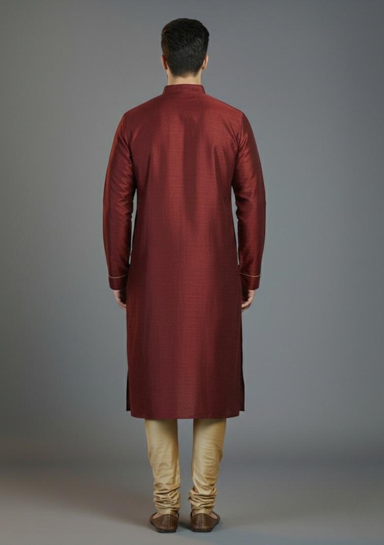 Maroon Embroidered Silk Kurta Set For Men - Indya