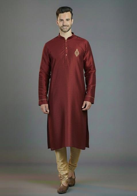 Maroon Embroidered Silk Kurta Set For Men