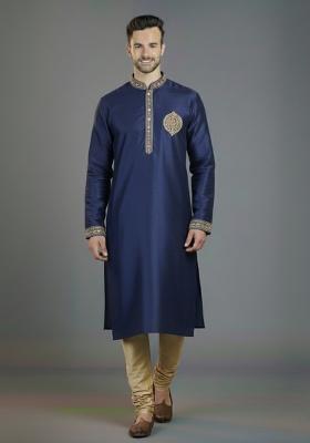Royal Blue Embroidered Silk Kurta Set For Men