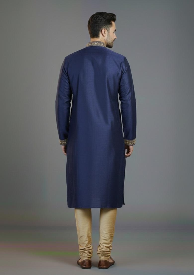 Royal Blue Embroidered Silk Kurta Set For Men - Indya