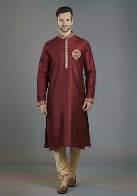 Maroon Embroidered Silk Blend Kurta Set For Men