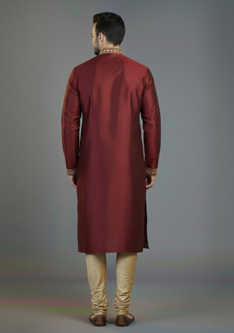 Maroon Embroidered Silk Kurta Set For Men - Indya