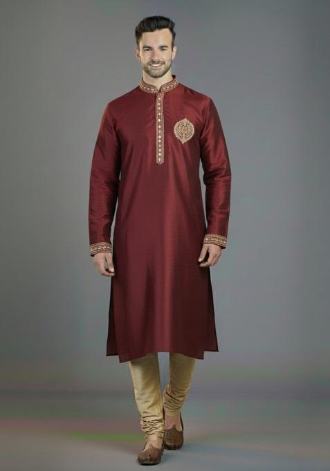 Maroon Embroidered Silk Kurta Set For Men