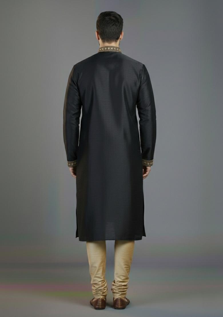 Black Embroidered Silk Kurta Set For Men - Indya