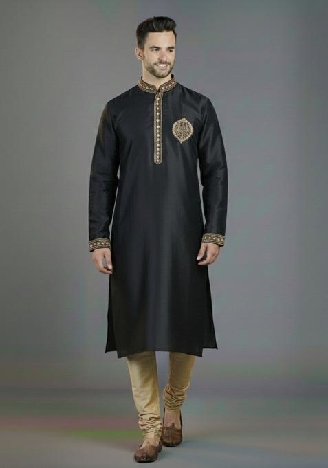 Black Embroidered Silk Kurta Set For Men