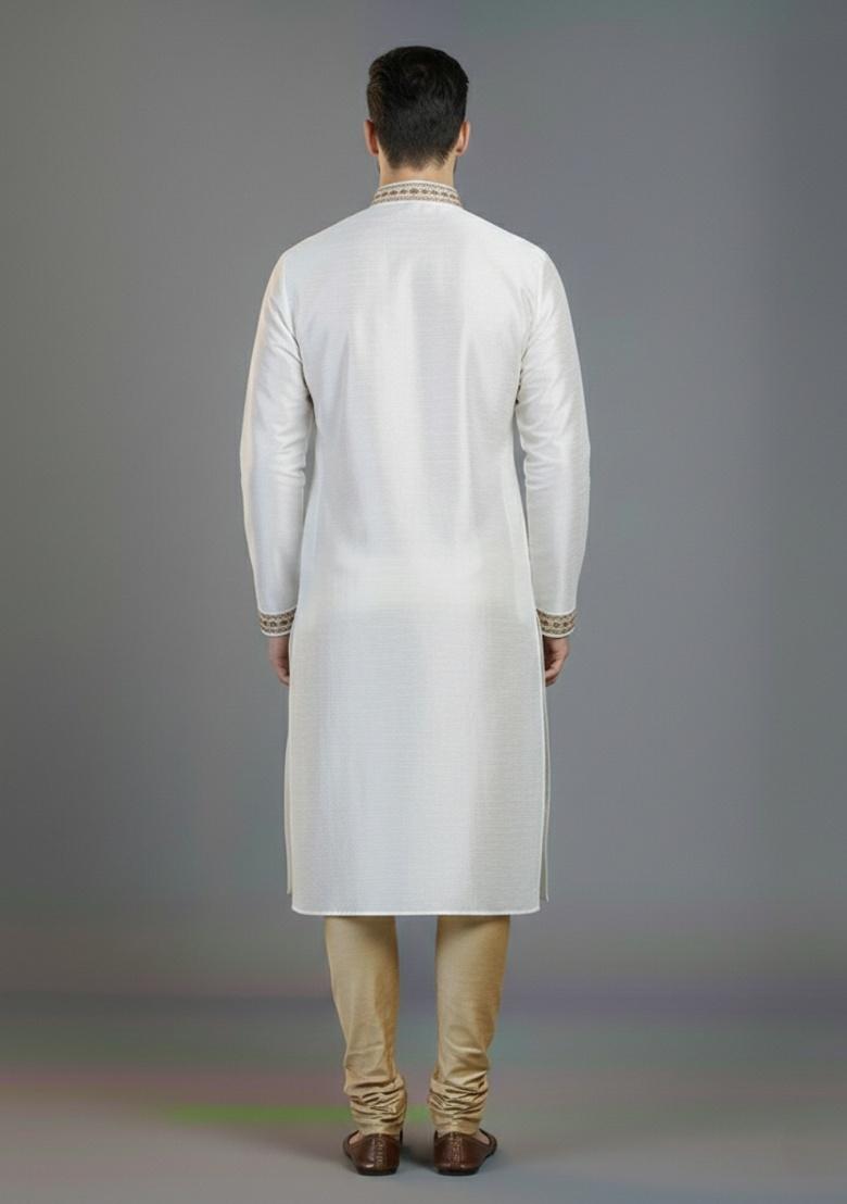White Embroidered Silk Kurta Set For Men - Indya