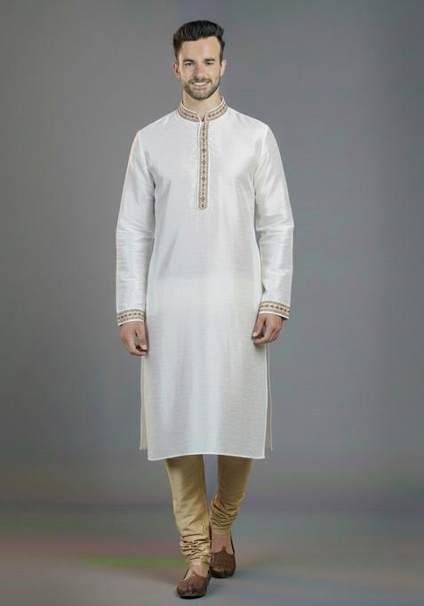 White Embroidered Silk Kurta Set For Men