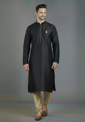 Black Embroidered Silk Blend Kurta Set For Men