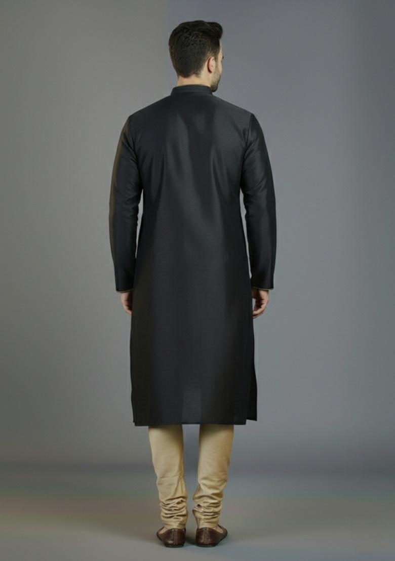 Black Embroidered Silk Kurta Set For Men - Indya