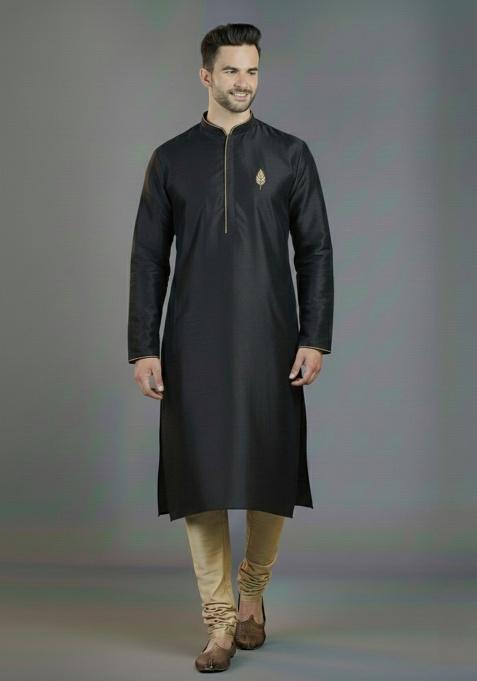 Black Embroidered Silk Kurta Set For Men