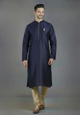 Navy Blue Embroidered Silk Kurta Set For Men