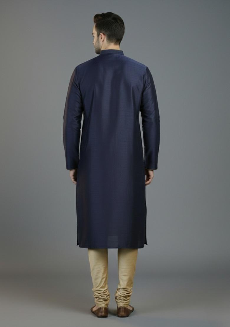 Navy Blue Embroidered Silk Kurta Set For Men - Indya