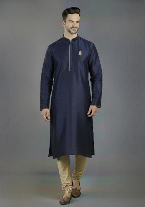Navy Blue Embroidered Silk Kurta Set For Men