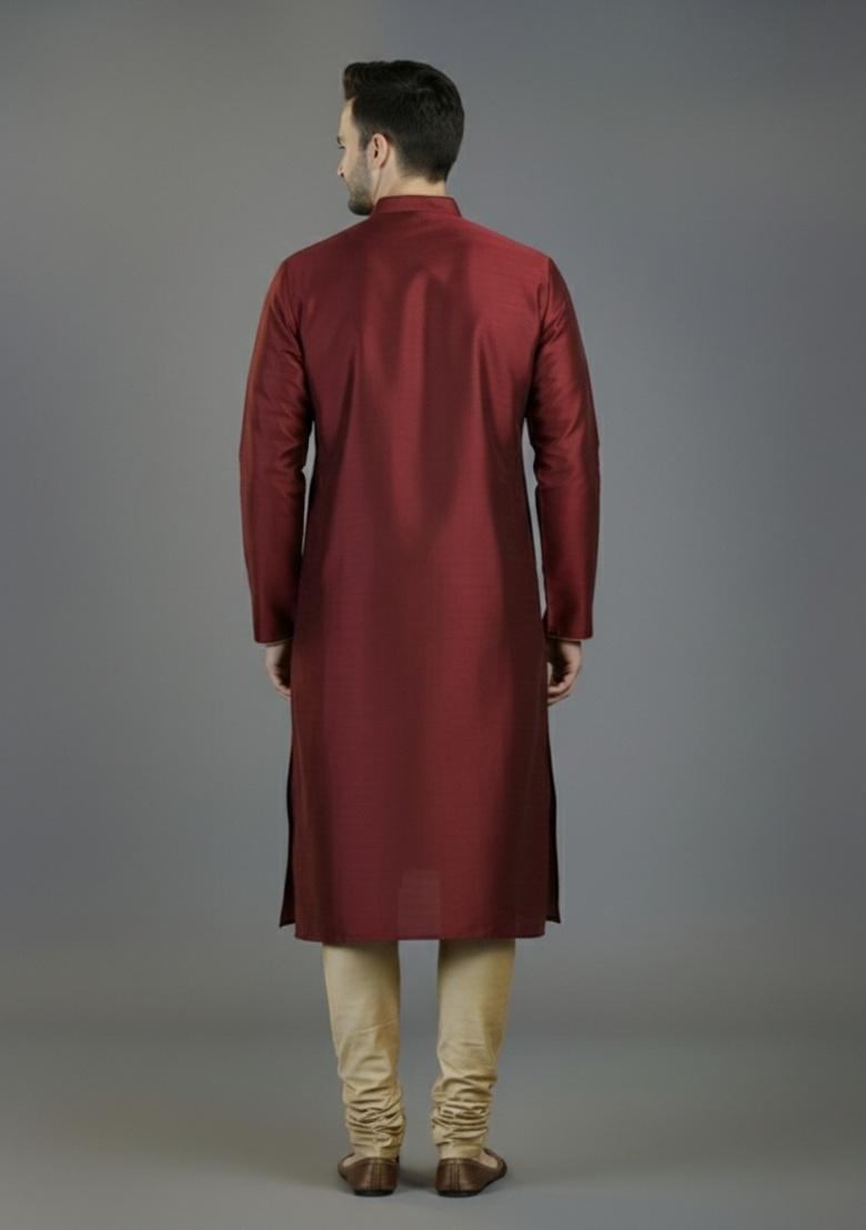 Maroon Embroidered Silk Kurta Set For Men - Indya