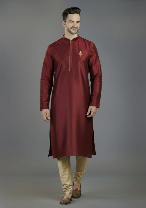 Maroon Embroidered Silk Kurta Set For Men