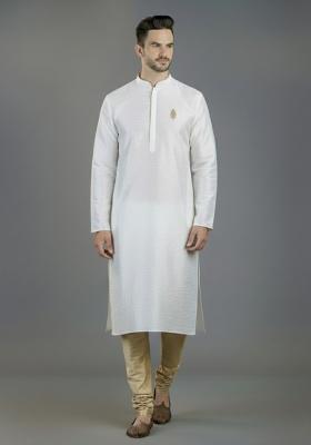 White Embroidered Silk Blend Kurta Set For Men