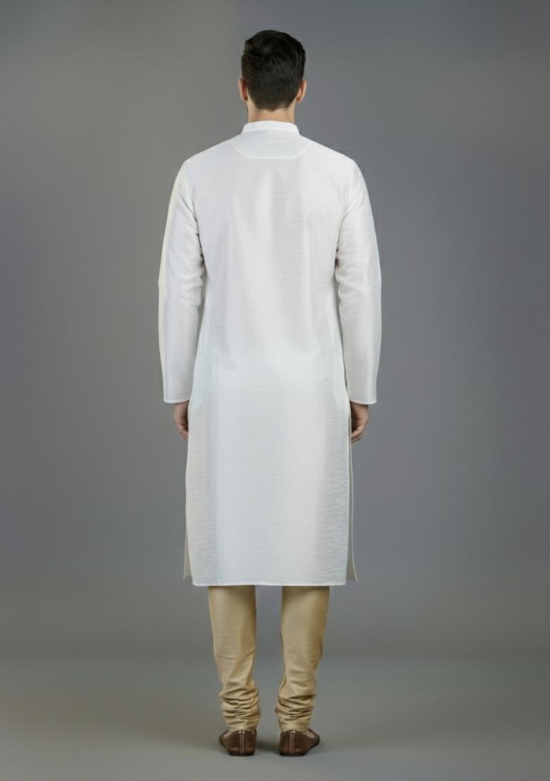 White Embroidered Silk Kurta Set For Men - Indya
