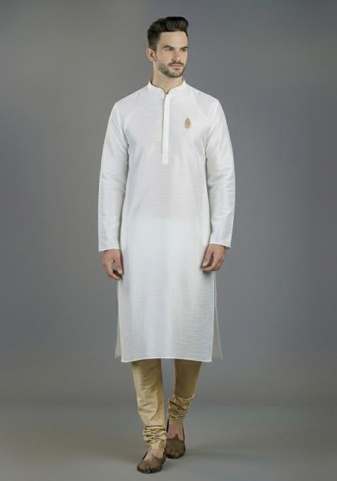 White Embroidered Silk Kurta Set For Men