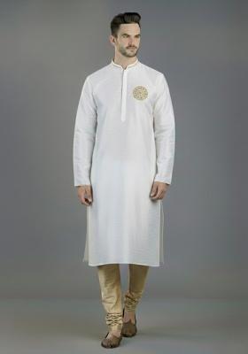 White Embroidered Silk Blend Kurta Set For Men
