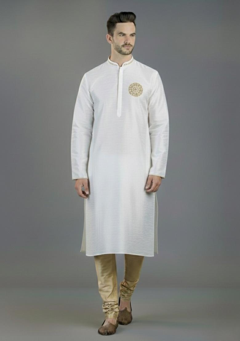 White Embroidered Silk Kurta Set For Men - Indya