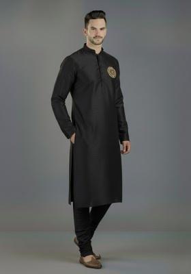 Black Embroidered Silk Blend Kurta Set For Men