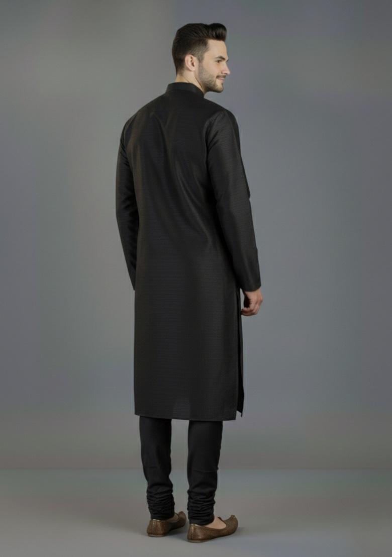 Black Embroidered Silk Kurta Set For Men - Indya