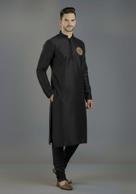 Black Embroidered Silk Kurta Set For Men