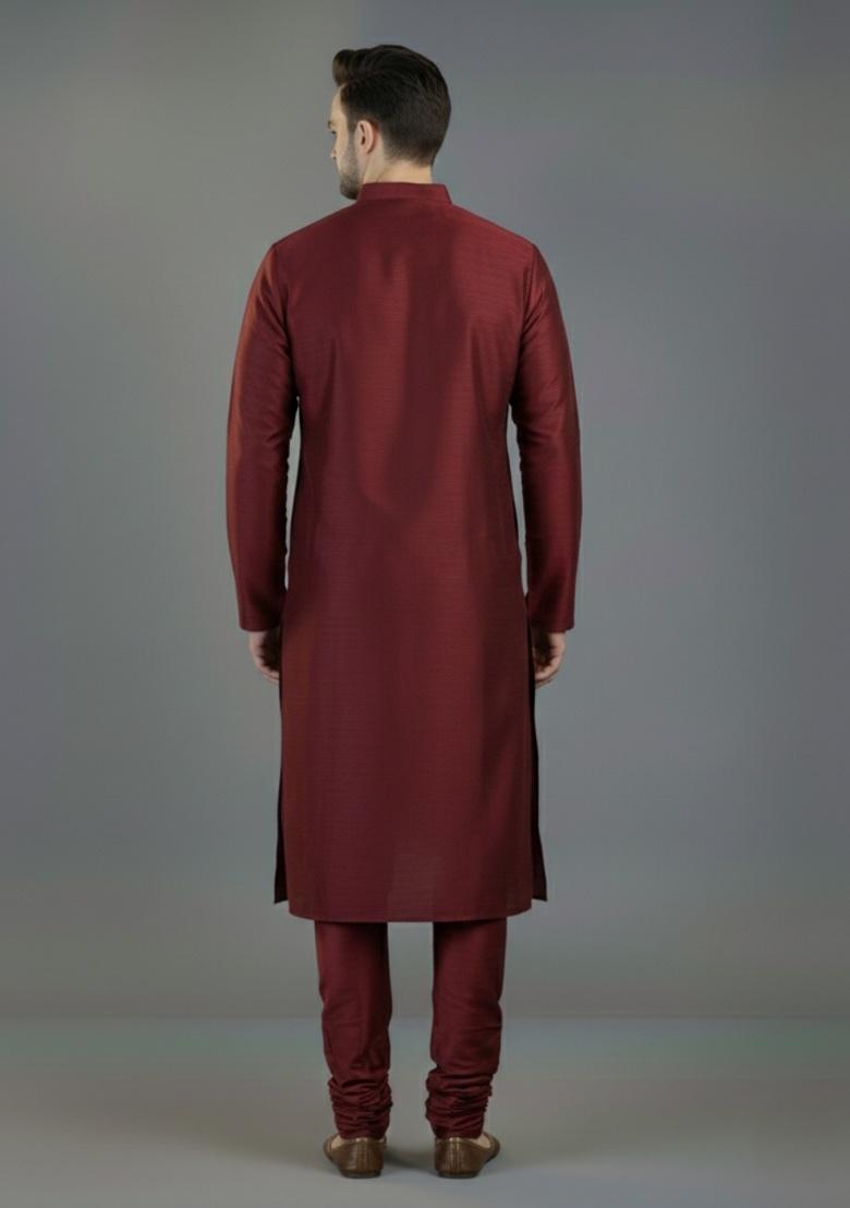 Maroon Embroidered Silk Kurta Set For Men - Indya