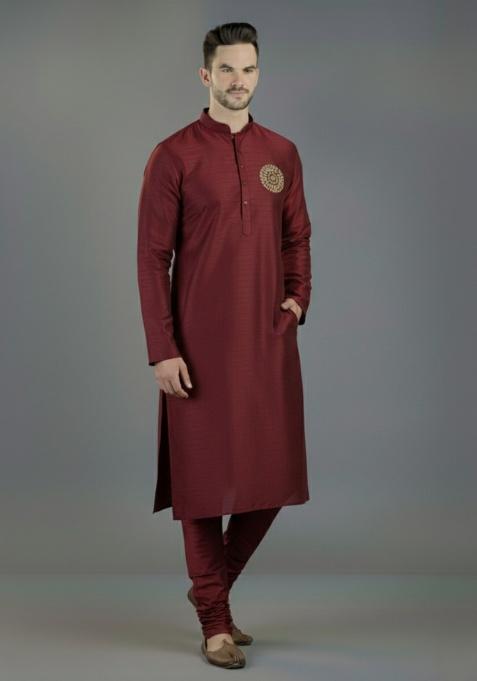 Maroon Embroidered Silk Kurta Set For Men