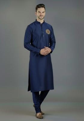 Navy Blue Embroidered Silk Kurta Set For Men
