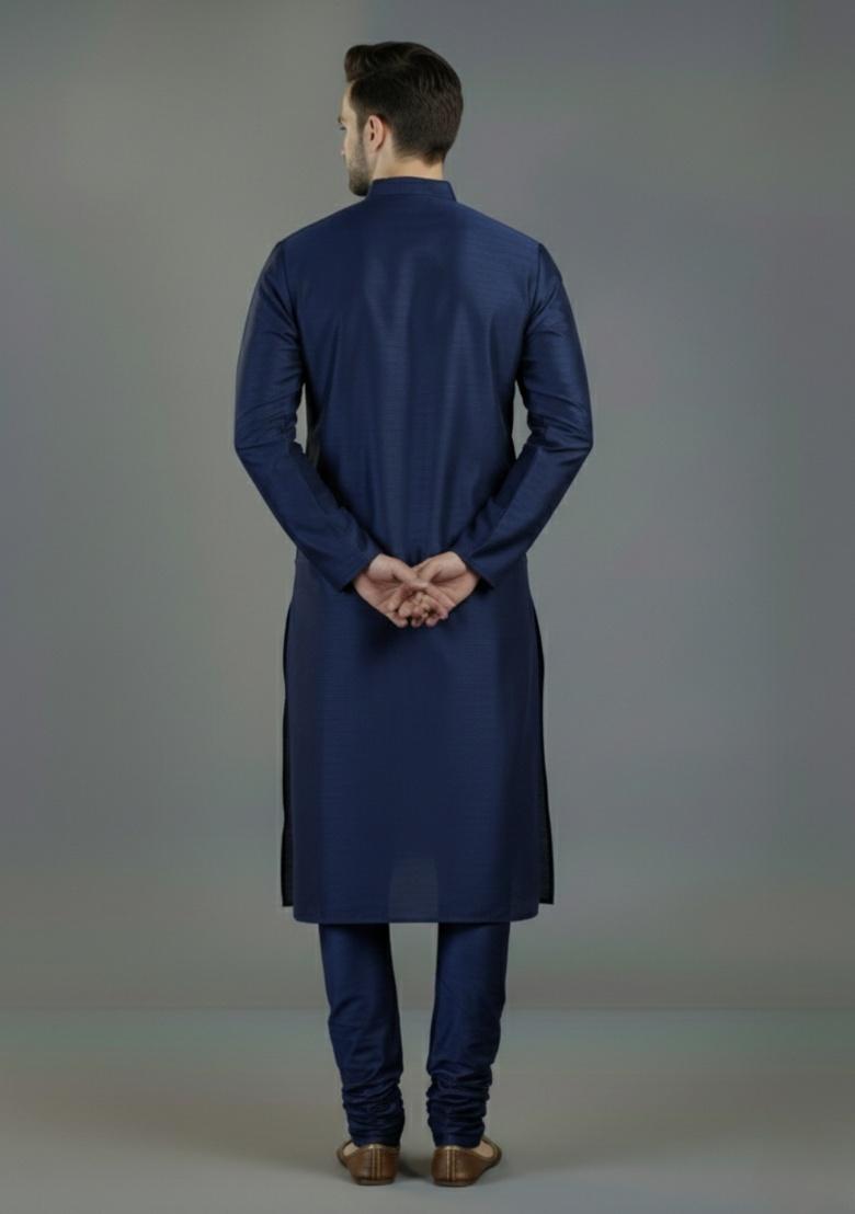 Navy Blue Embroidered Silk Kurta Set For Men - Indya