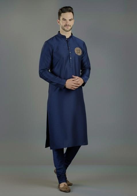 Navy Blue Embroidered Silk Kurta Set For Men