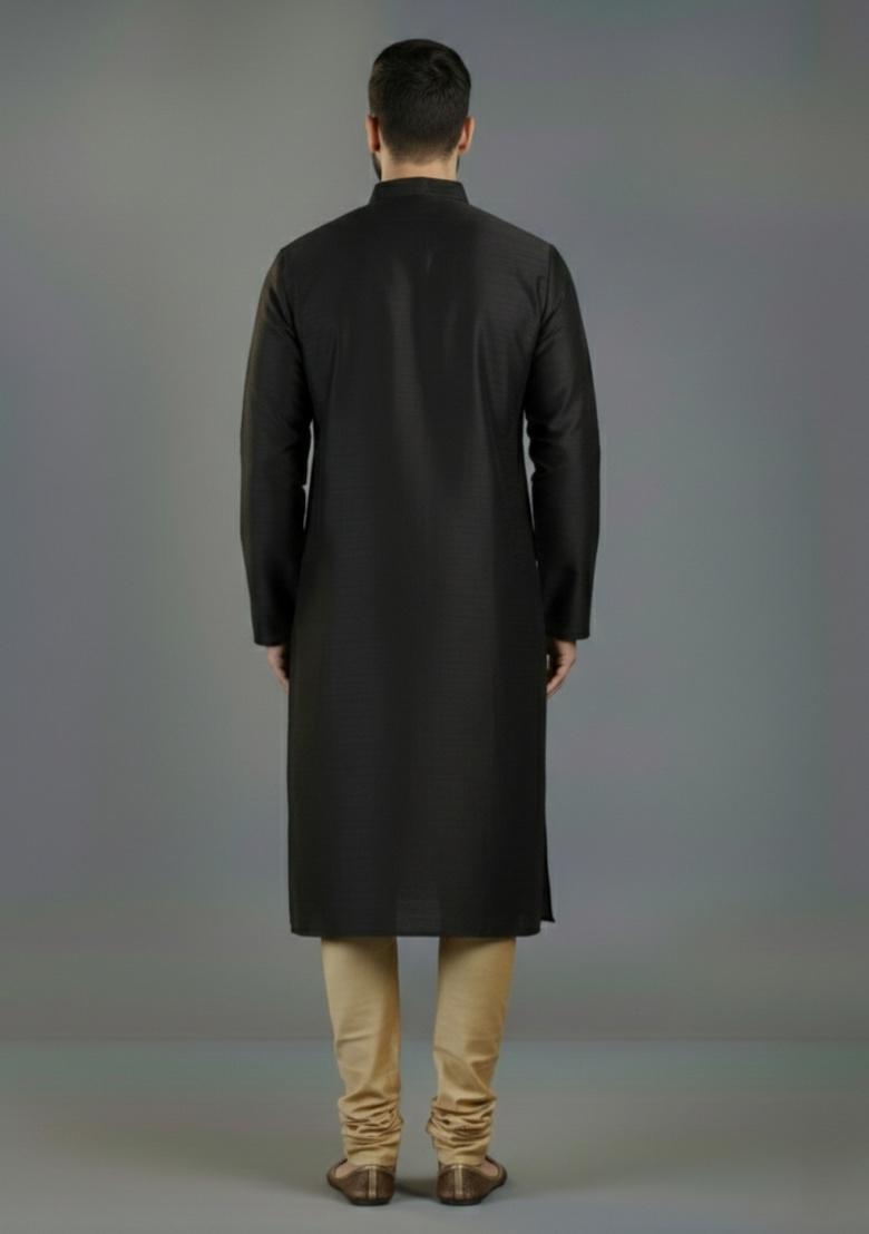 Black Embroidered Silk Kurta Set For Men - Indya
